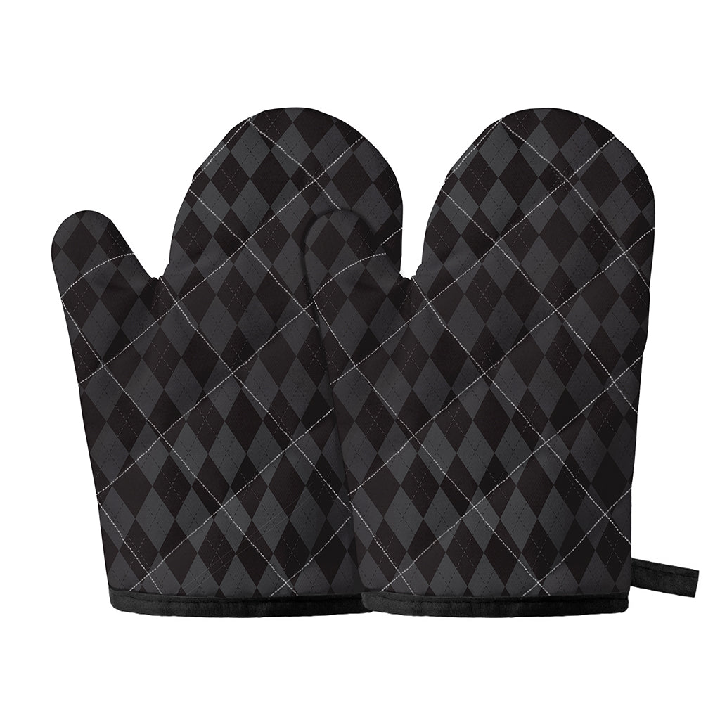 Black And Grey Argyle Pattern Print Oven Mitts