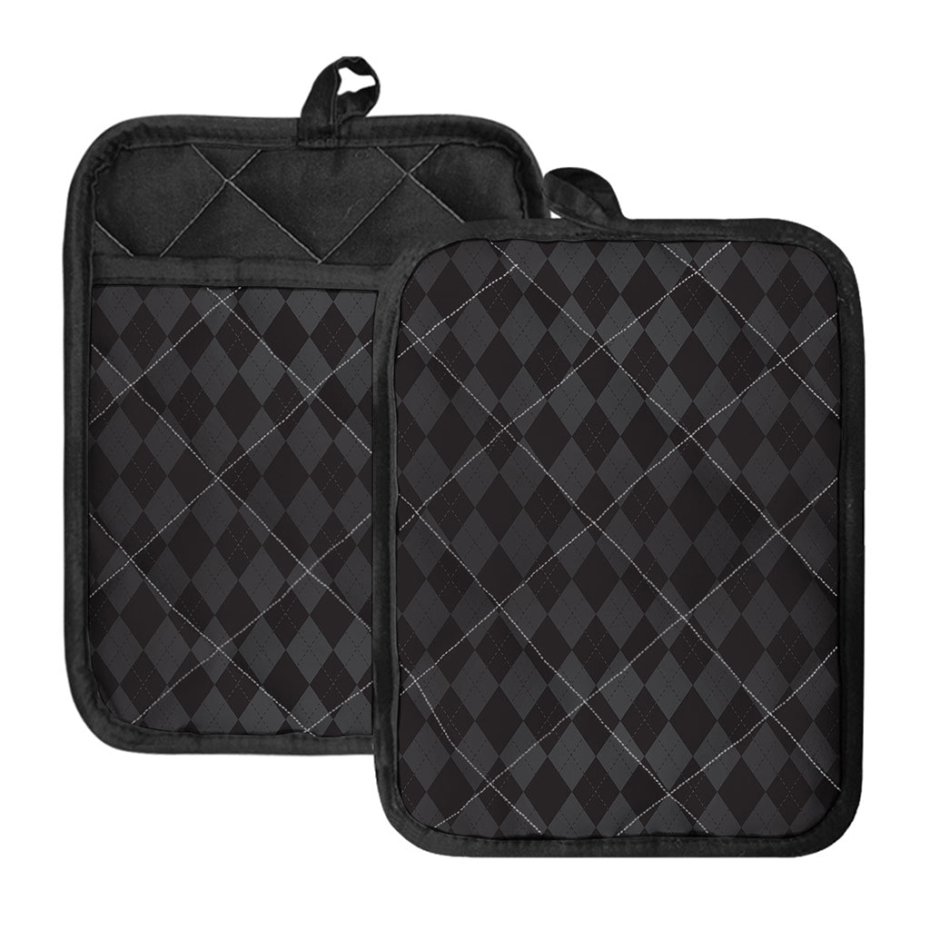 Black And Grey Argyle Pattern Print Pot Holders With Pocket