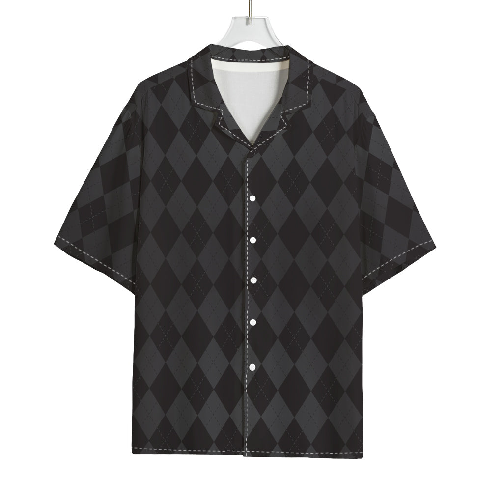 Black And Grey Argyle Pattern Print Rayon Hawaiian Shirt