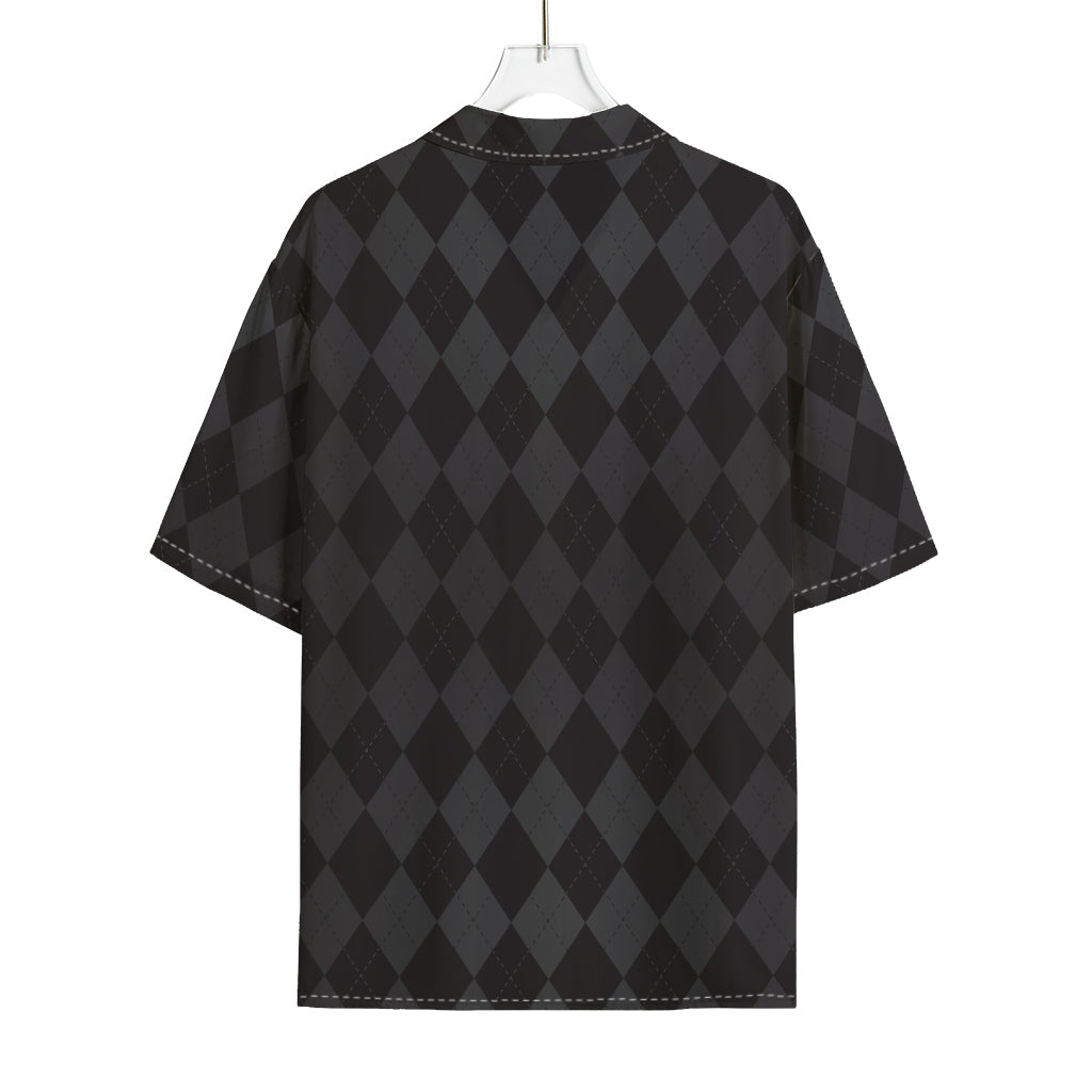 Black And Grey Argyle Pattern Print Rayon Hawaiian Shirt