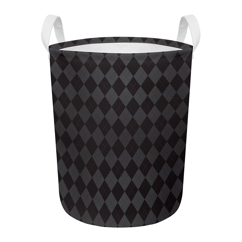 Black And Grey Argyle Pattern Print Round Laundry Basket