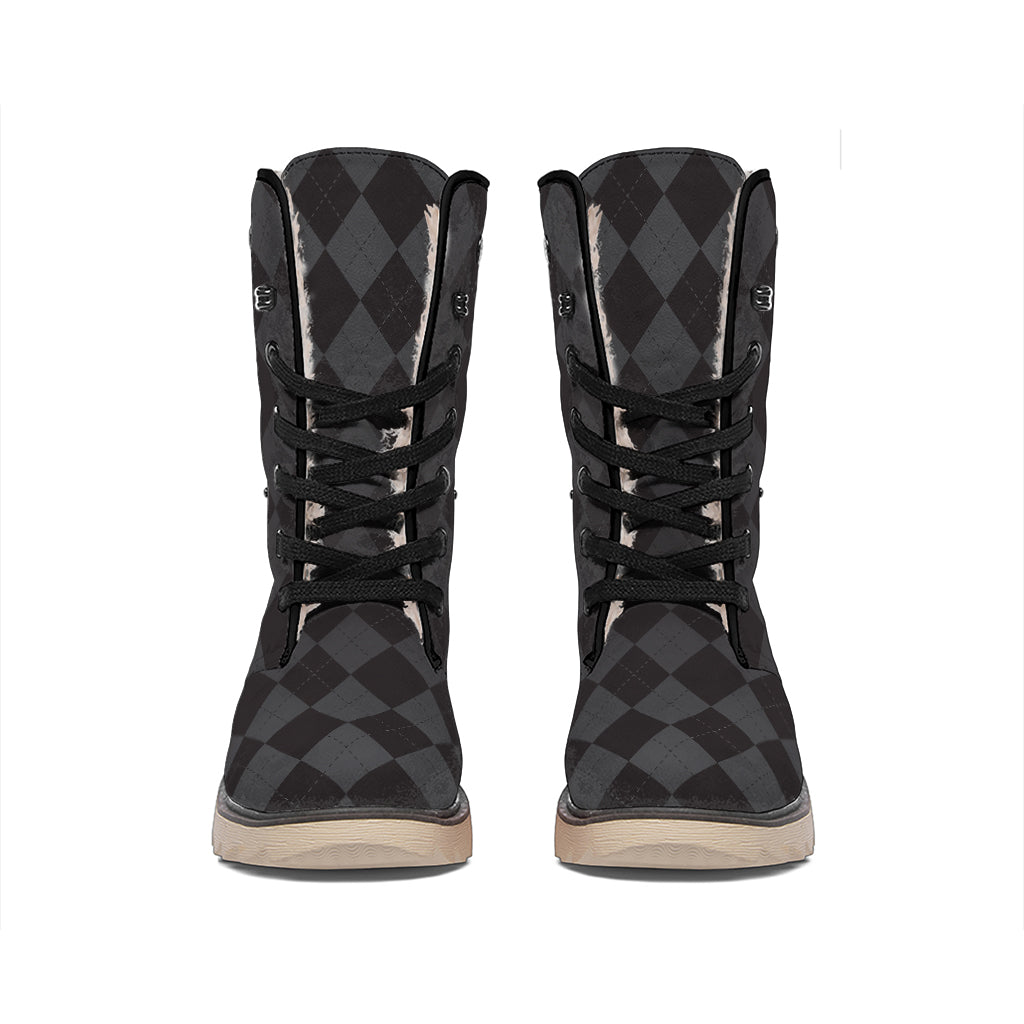 Black And Grey Argyle Pattern Print Winter Boots