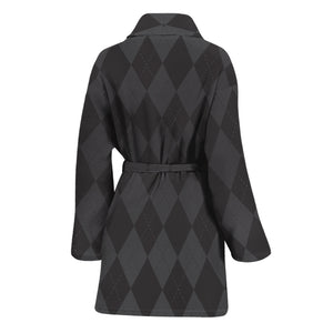 Black And Grey Argyle Pattern Print Women's Bathrobe