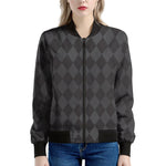 Black And Grey Argyle Pattern Print Women's Bomber Jacket