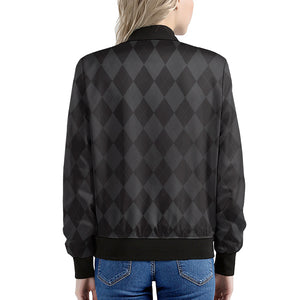 Black And Grey Argyle Pattern Print Women's Bomber Jacket