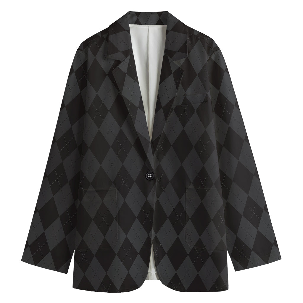 Black And Grey Argyle Pattern Print Women's Cotton Blazer