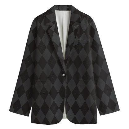 Black And Grey Argyle Pattern Print Women's Cotton Blazer