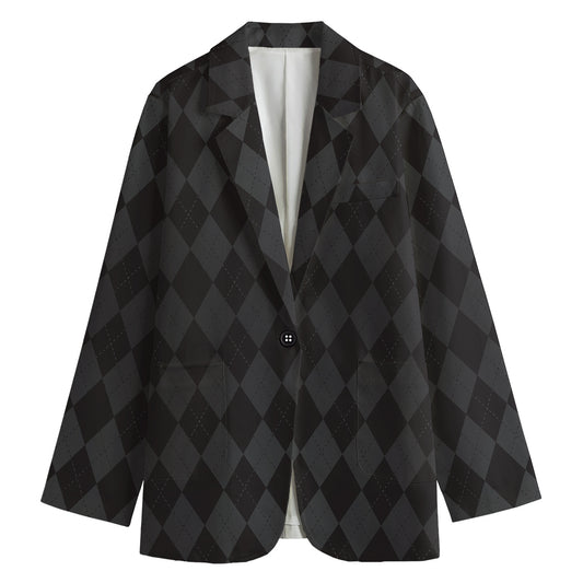 Black And Grey Argyle Pattern Print Women's Cotton Blazer