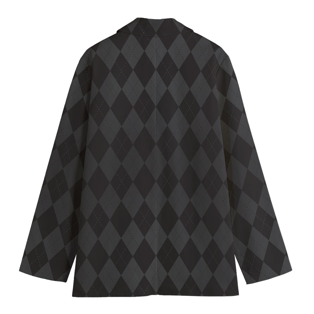 Black And Grey Argyle Pattern Print Women's Cotton Blazer