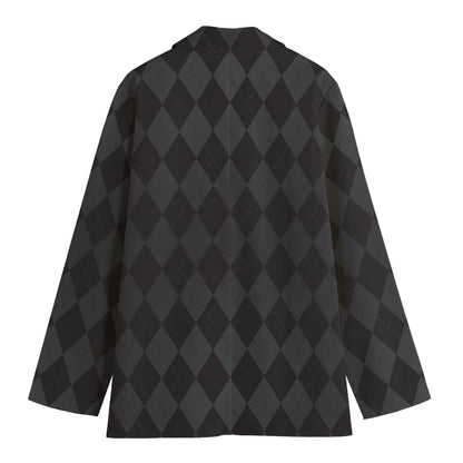 Black And Grey Argyle Pattern Print Women's Cotton Blazer
