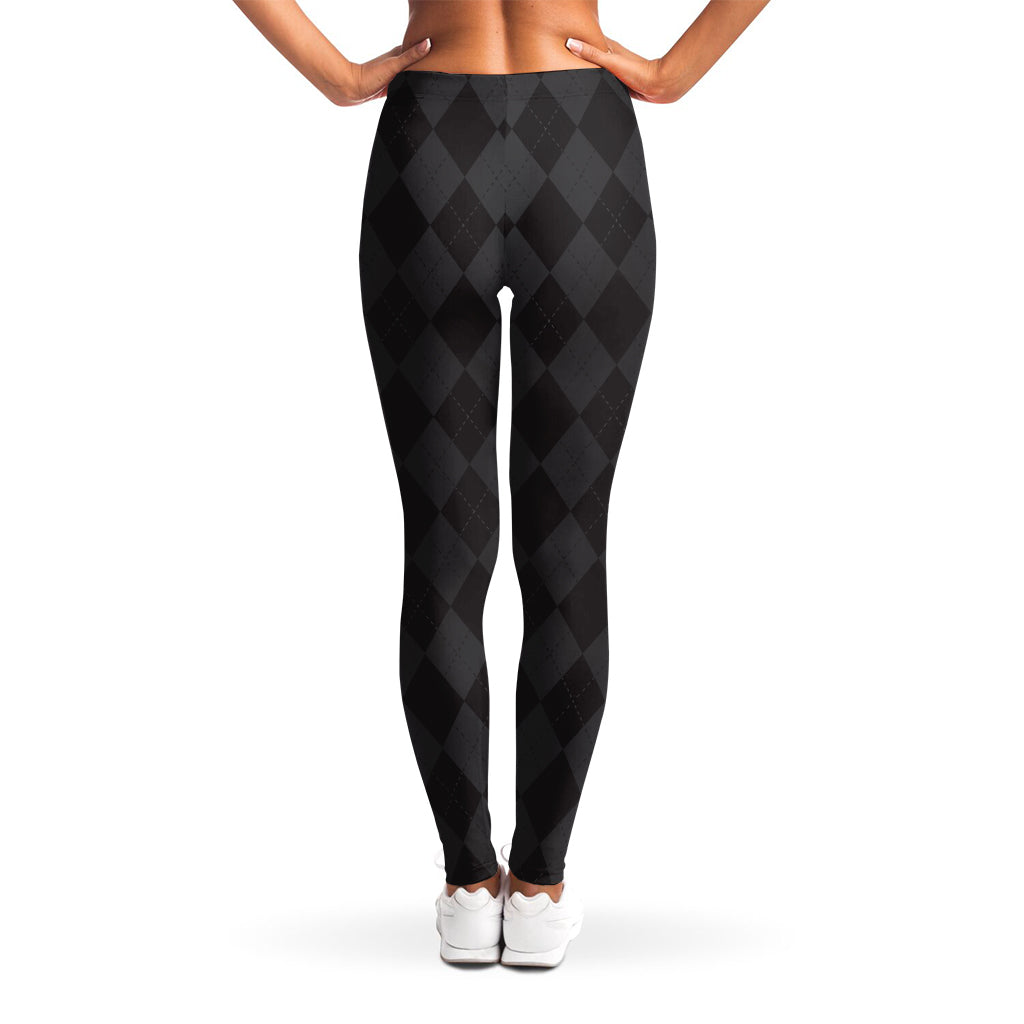 Black And Grey Argyle Pattern Print Women's Leggings