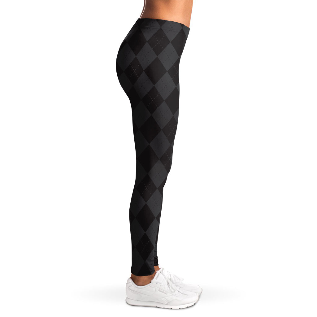 Black And Grey Argyle Pattern Print Women's Leggings