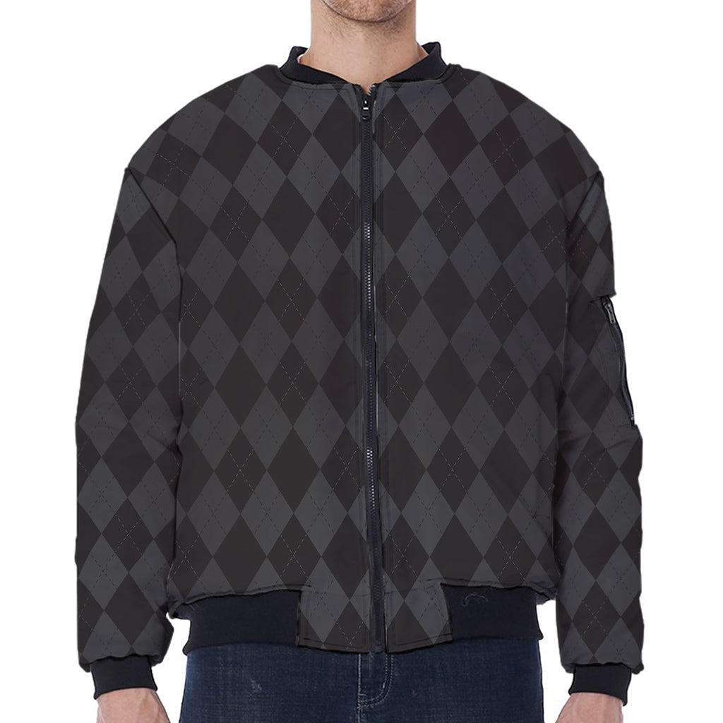 Black And Grey Argyle Pattern Print Zip Sleeve Bomber Jacket