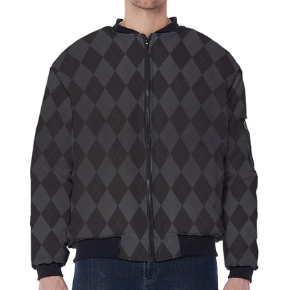 Black And Grey Argyle Pattern Print Zip Sleeve Bomber Jacket