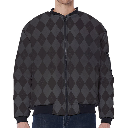 Black And Grey Argyle Pattern Print Zip Sleeve Bomber Jacket