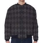 Black And Grey Argyle Pattern Print Zip Sleeve Bomber Jacket