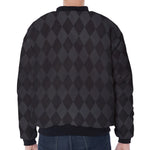 Black And Grey Argyle Pattern Print Zip Sleeve Bomber Jacket