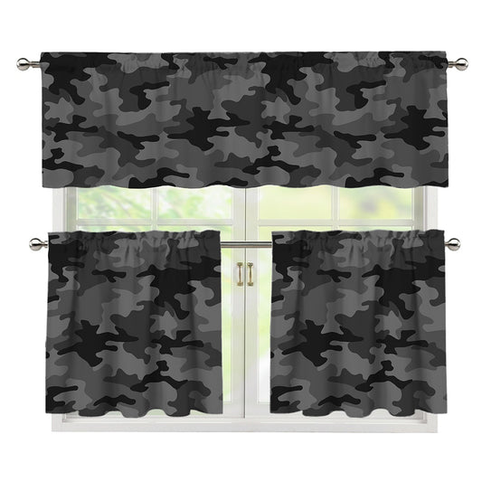 Black And Grey Camouflage Print 3 Piece Kitchen Curtains