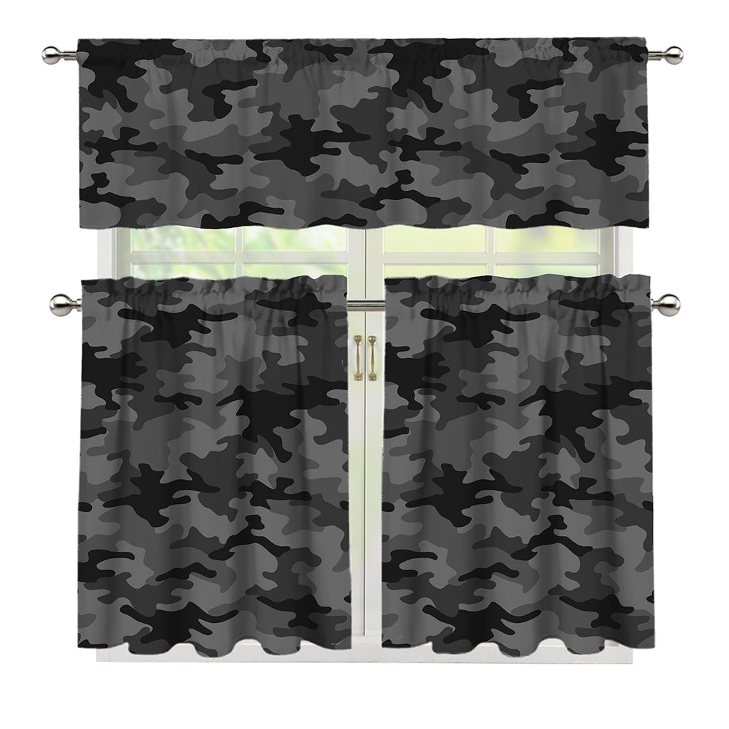 Black And Grey Camouflage Print 3 Piece Kitchen Curtains