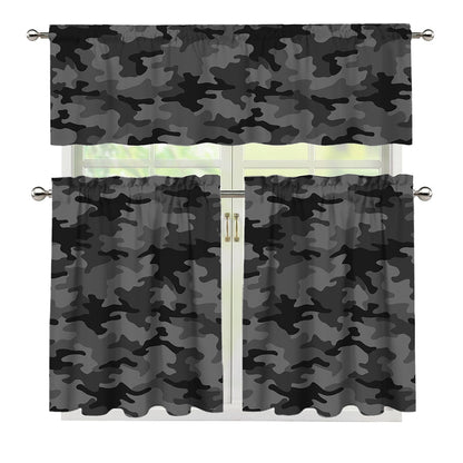 Black And Grey Camouflage Print 3 Piece Kitchen Curtains