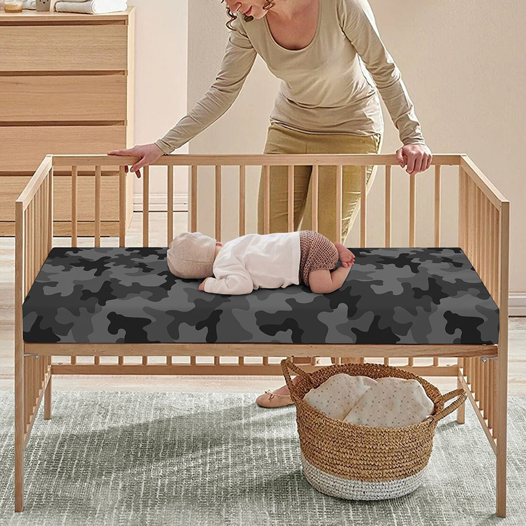 Black And Grey Camouflage Print Baby Crib Sheet