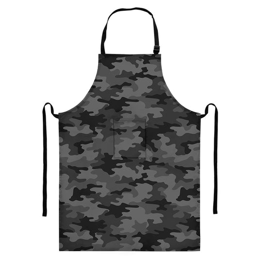 Black And Grey Camouflage Print Bib Apron With Pocket