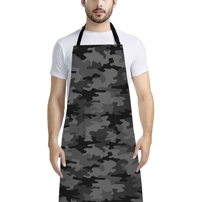 Black And Grey Camouflage Print Bib Apron With Pocket