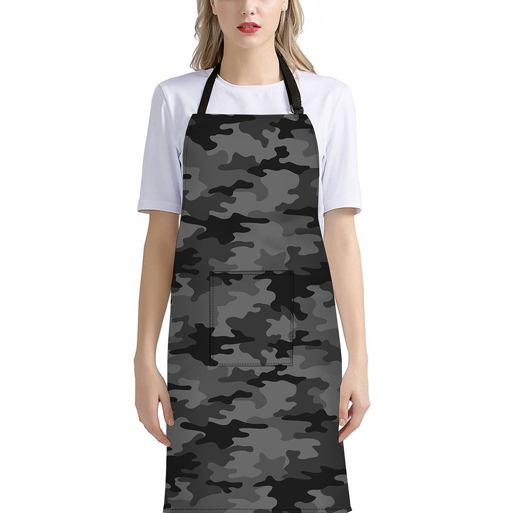 Black And Grey Camouflage Print Bib Apron With Pocket