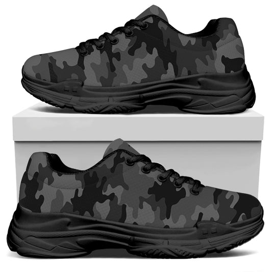 Black And Grey Camouflage Print Black Chunky Shoes