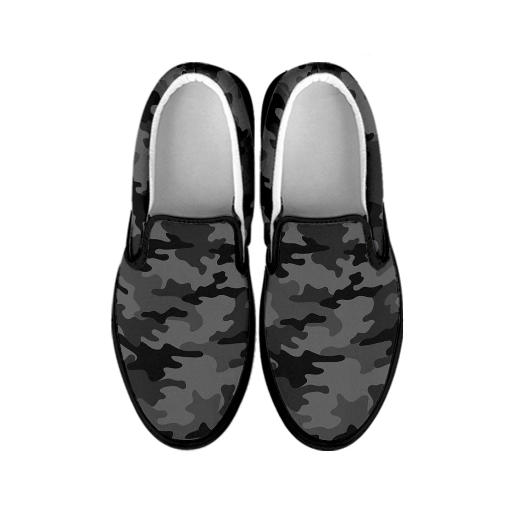 Black And Grey Camouflage Print Black Slip On Sneakers