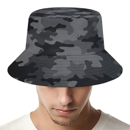Black And Grey Camouflage Print Bucket Hat