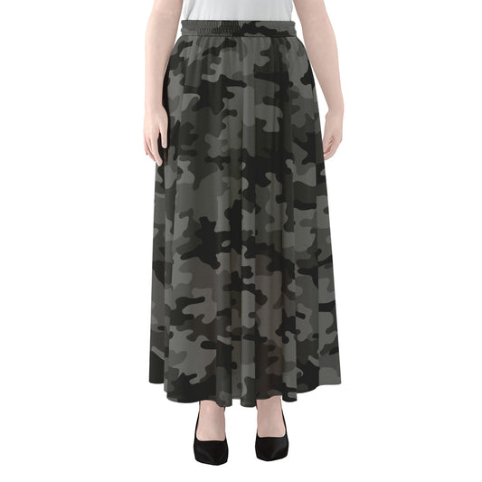 Black And Grey Camouflage Print Chiffon Maxi Skirt
