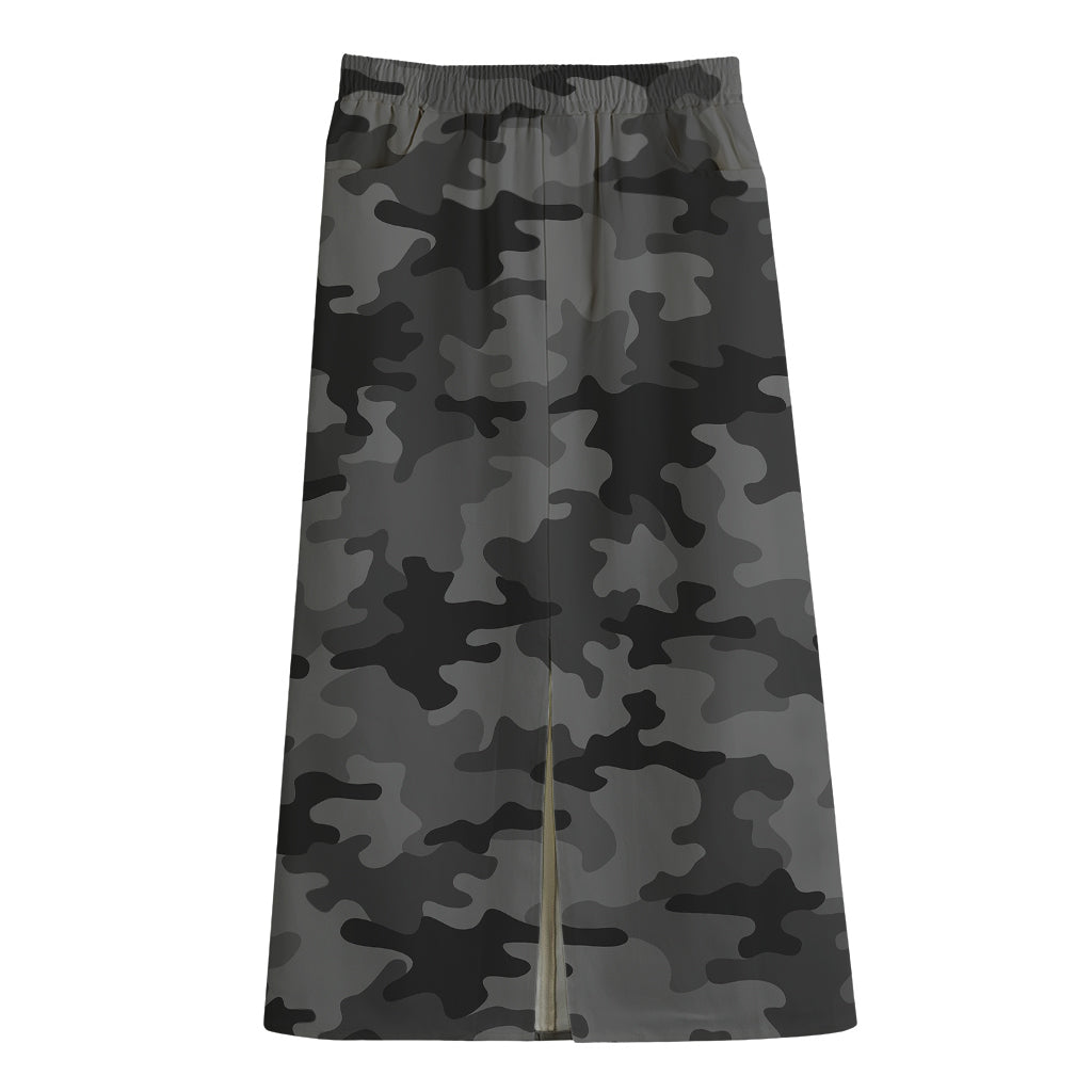 Black And Grey Camouflage Print Cotton Front Slit Maxi Skirt