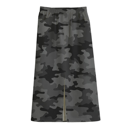 Black And Grey Camouflage Print Cotton Front Slit Maxi Skirt
