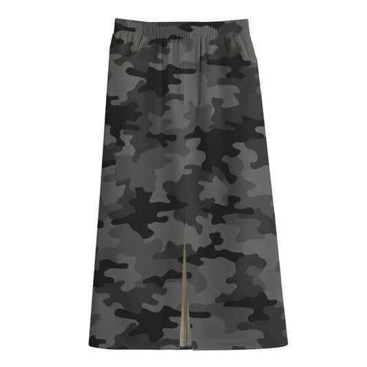 Black And Grey Camouflage Print Cotton Front Slit Maxi Skirt