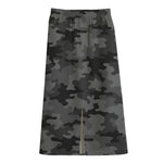 Black And Grey Camouflage Print Cotton Front Slit Maxi Skirt