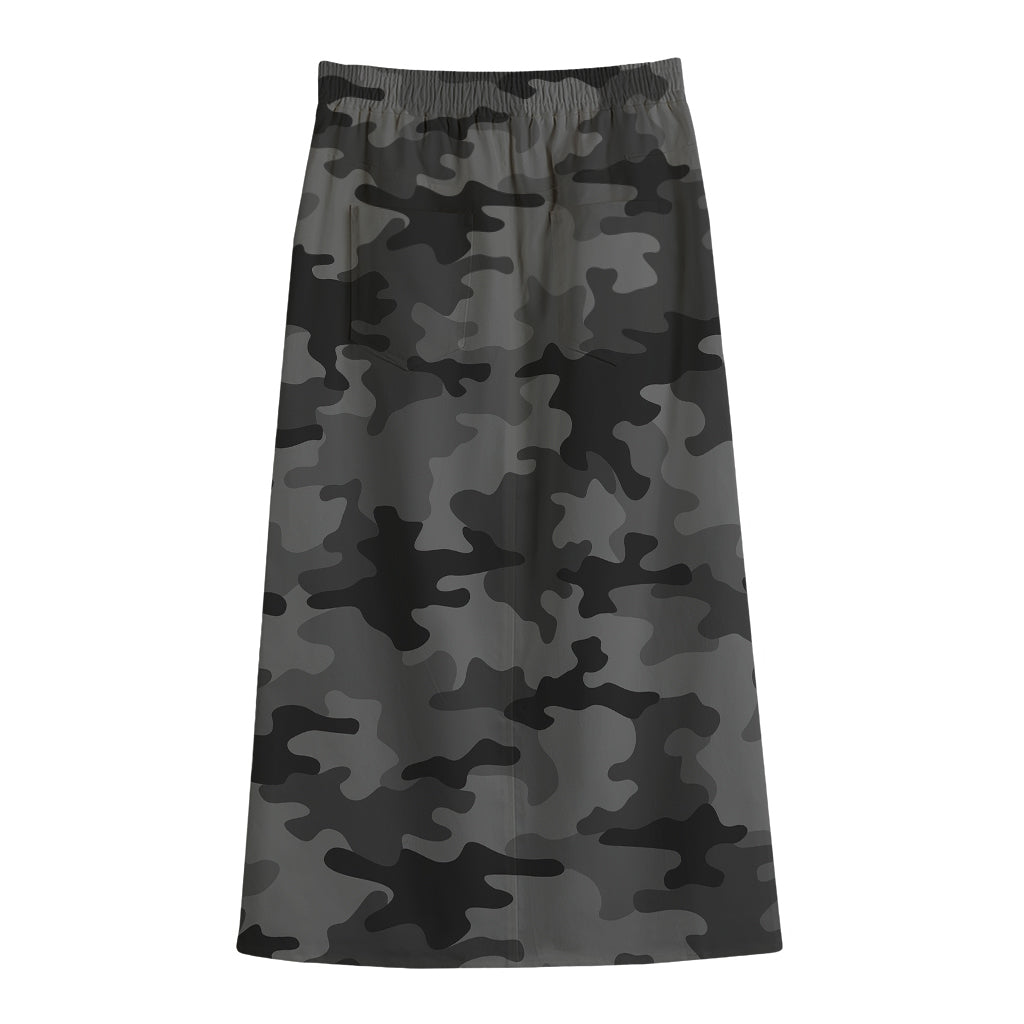 Black And Grey Camouflage Print Cotton Front Slit Maxi Skirt