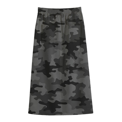 Black And Grey Camouflage Print Cotton Front Slit Maxi Skirt