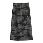 Black And Grey Camouflage Print Cotton Front Slit Maxi Skirt