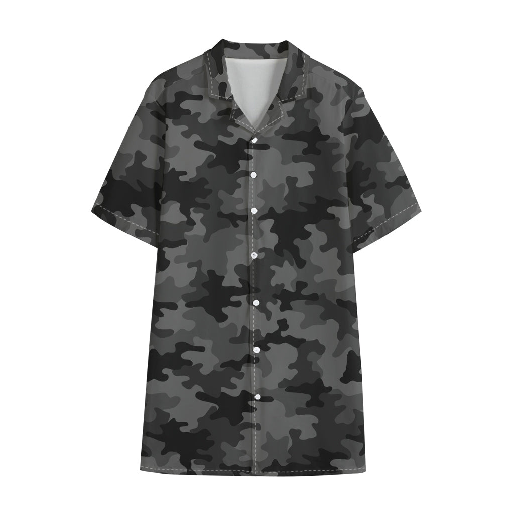 Black And Grey Camouflage Print Cotton Hawaiian Shirt