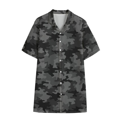 Black And Grey Camouflage Print Cotton Hawaiian Shirt