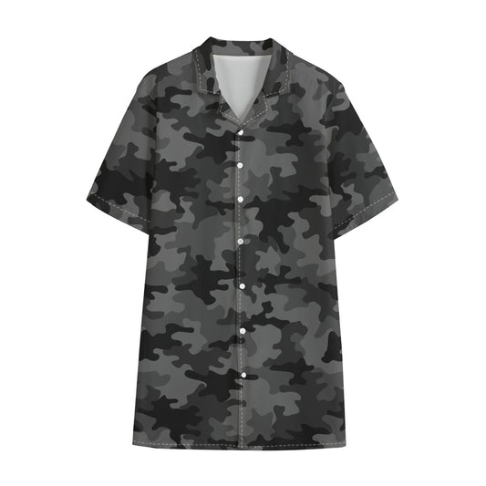 Black And Grey Camouflage Print Cotton Hawaiian Shirt