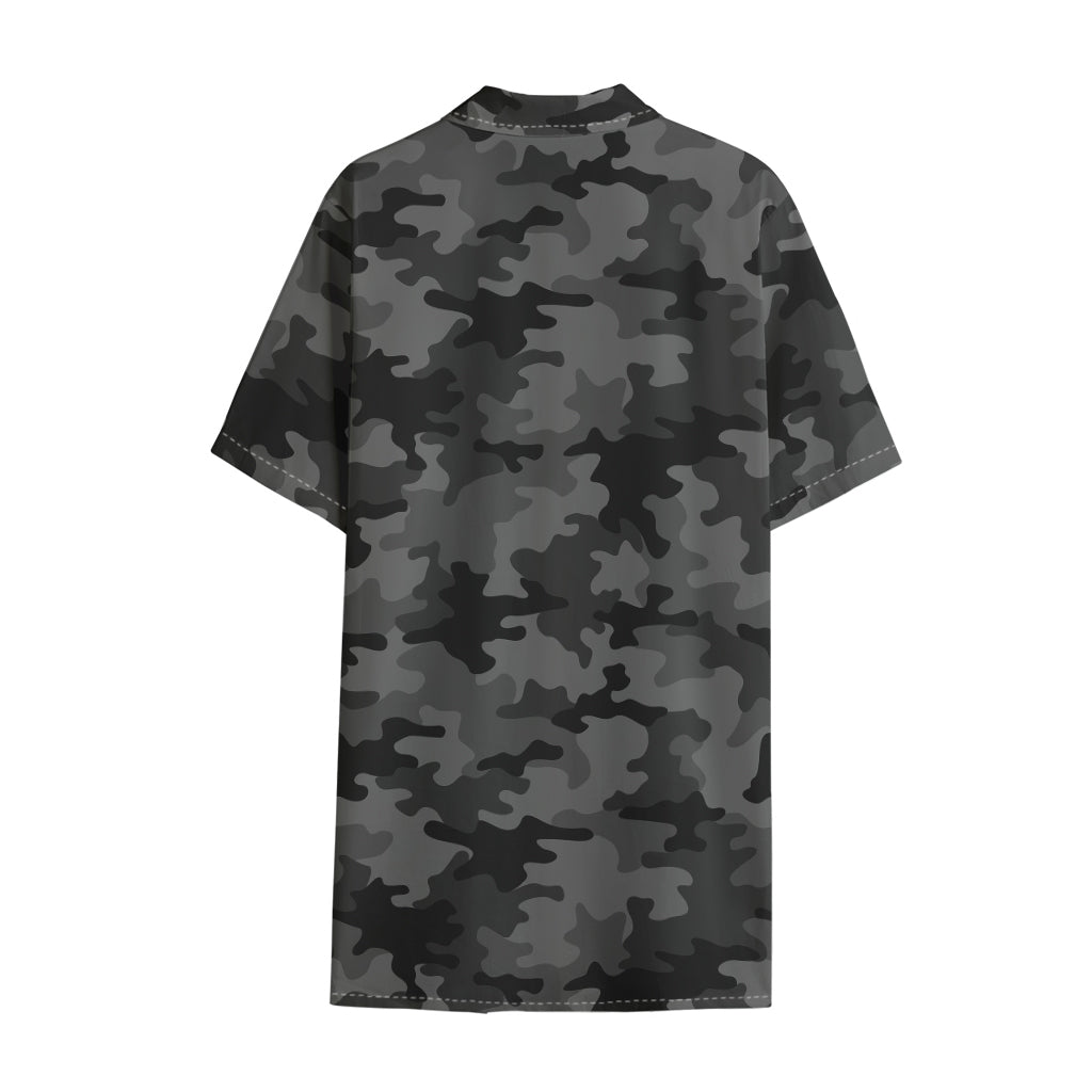 Black And Grey Camouflage Print Cotton Hawaiian Shirt