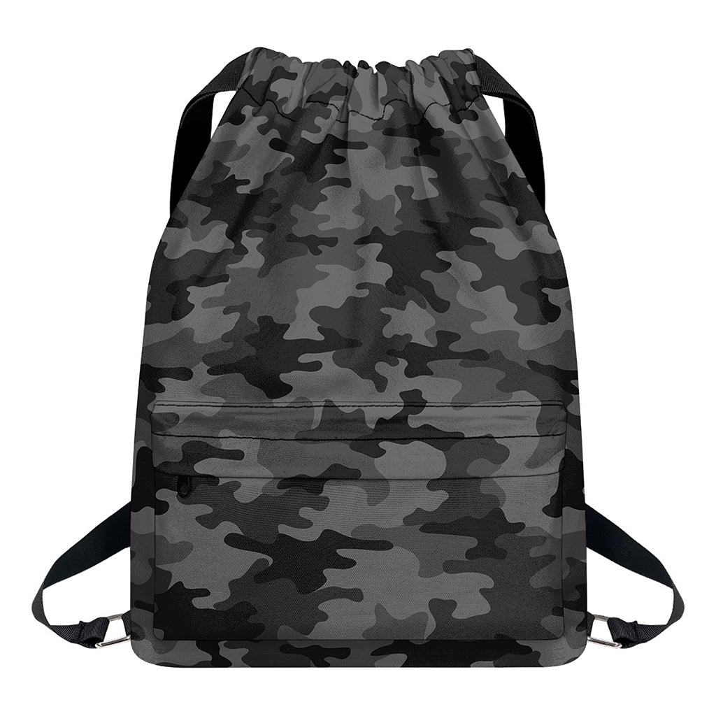 Black And Grey Camouflage Print Drawstring Backpack