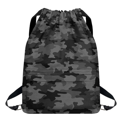 Black And Grey Camouflage Print Drawstring Backpack