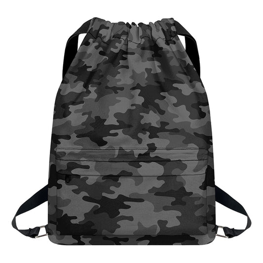 Black And Grey Camouflage Print Drawstring Backpack