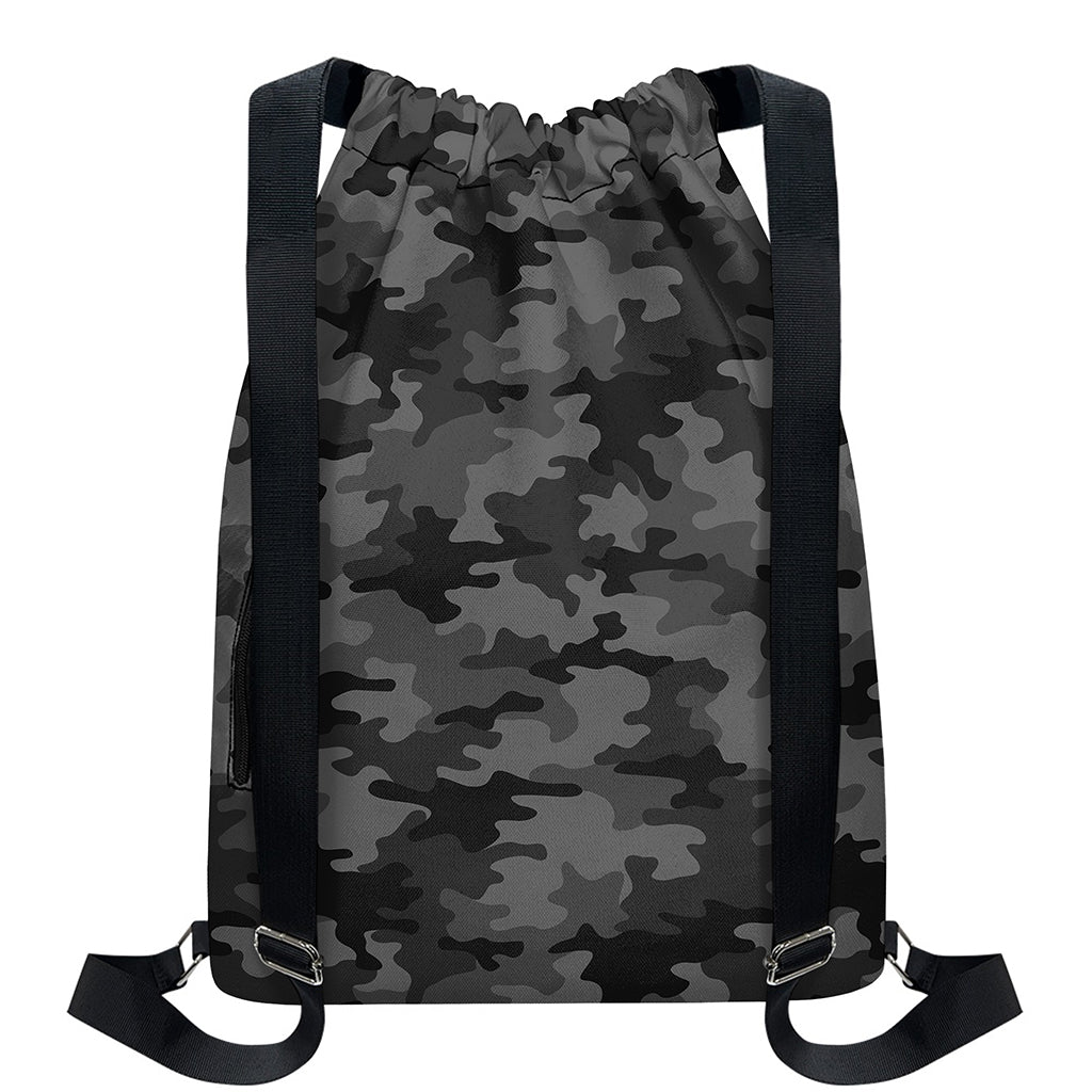 Black And Grey Camouflage Print Drawstring Backpack