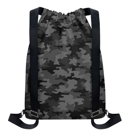Black And Grey Camouflage Print Drawstring Backpack