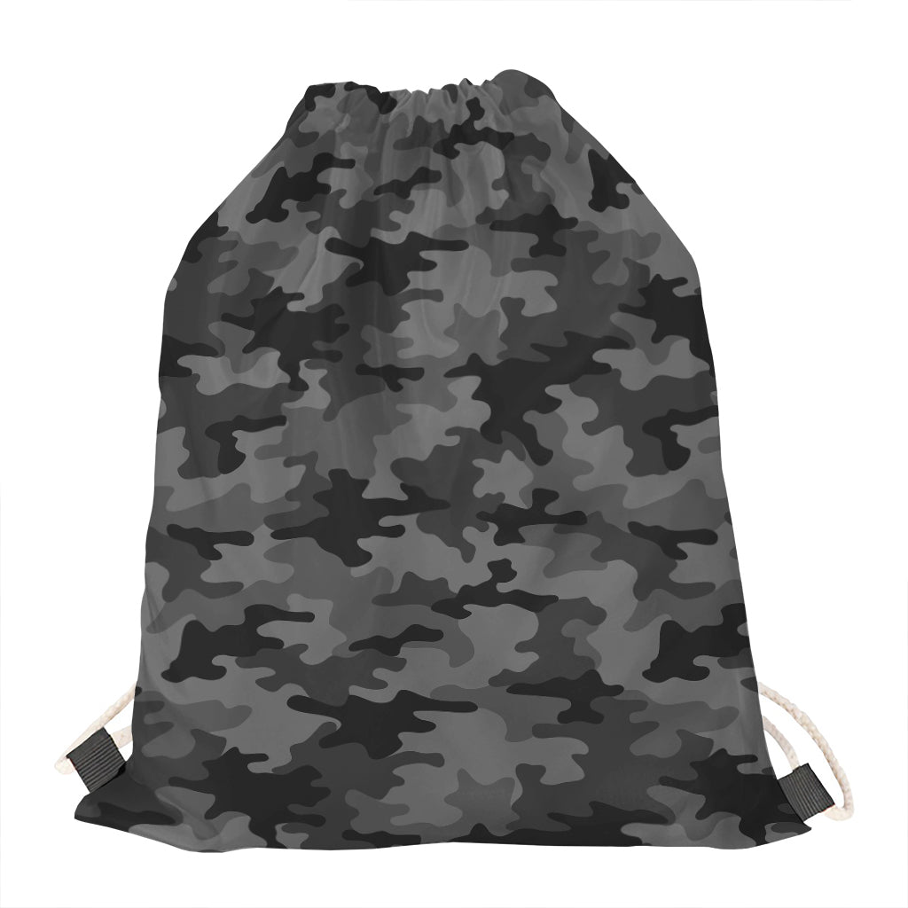 Black And Grey Camouflage Print Drawstring Bag