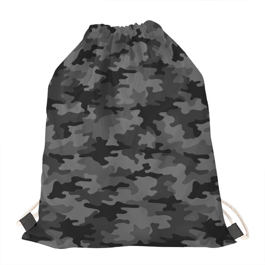 Black And Grey Camouflage Print Drawstring Bag